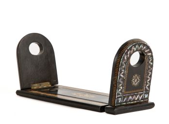 ANTIQUE BLACK LACQUER, GILT & MOP INLAID BOOKENDS