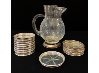 VINTAGE STERLING SILVER RIMMED COASTERS & PITCHER