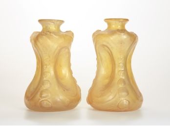 PAIR of CONSOLIDATED CATALONIAN HONEY PINCH VASES