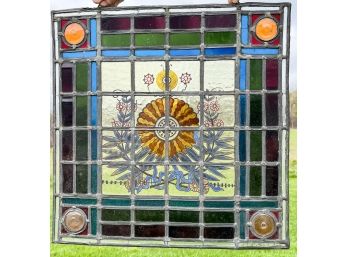 SIGNED VINTAGE LEADED GLASS WINDOW