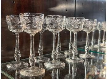 (8) VINTAGE CUT GLASS LONG STEM CORDIAL GLASSES