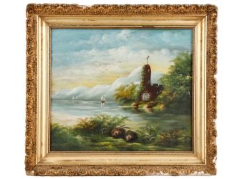 LATE (19th c) OIL ON BOARD OF CASTLE AT SHORE