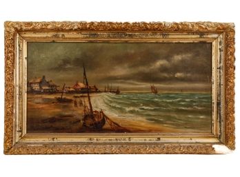 LATE (19th c) OIL ON CANVAS BOATS AT SHORE