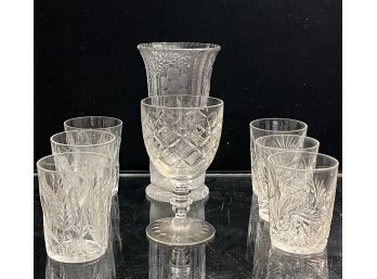 (8) VINTAGE VARIOUS CUT GLASS GLASSES AND VASE