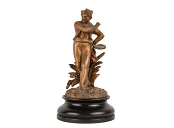 ANTIQUE WHITE METAL TAMBORINE PLAYER ON WOOD BASE