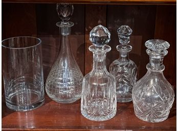 (4) VINTAGE GLASS DECANTERS AND MODERN VASE