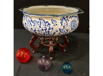 BLUE & WHIT BOWL, STAND, GLASS FLOATERS, ETC