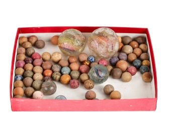 VINTAGE CLAY MARBLES AND A FEW OTHERS
