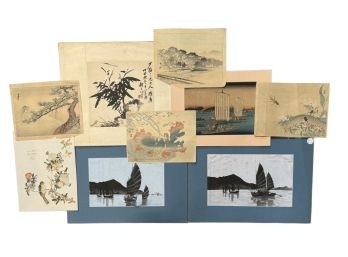 (9) VINTAGE ASIAN WOOD BLOCKS AND WATERCOLORS