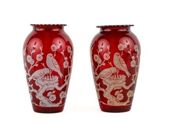 PAIR OF DECO VINTAGE RUBY GLASS VASES