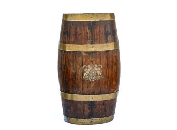 BRASS BOUND OAK WINE CASK With HERALDIC CREST