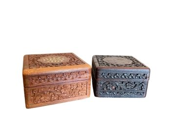 (2) CARVED & INLAID FAR EAST INDIAN HINGED BOXES