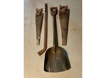 ANTIQUE SHOVEL, IRON BAR and (2) SAWS
