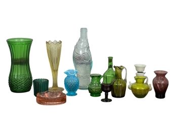 GROUP Of COLORFUL GLASS BOTTLES, PITCHERS And VASE