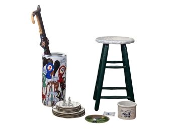 GOLF-THEMED LOT of UMBRELLA STAND, UMBRELLA, CANE