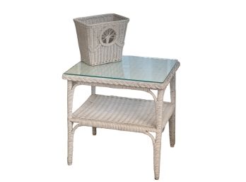 WICKER GLASS-TOP STAND with LOWER SHELF and BASKET
