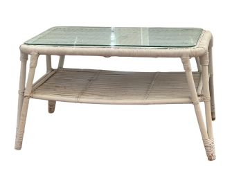 SMALL GLASS TOP WICKER COFFEE TABLE