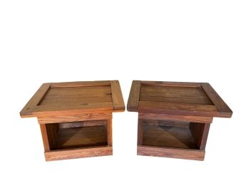 PAIR of VINTAGE STAINED PINE DISH-TOP END TABLES