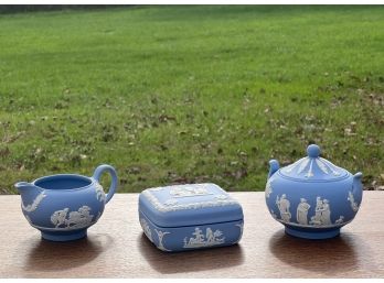 WEDGEWOOD SUGAR, CREAMER,& TRINKET BOX