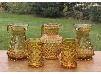 (5) AMBER HOBNAIL PITCHERS