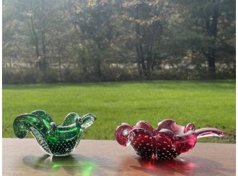 (2) LEAF FORM ART GLASS DISHES
