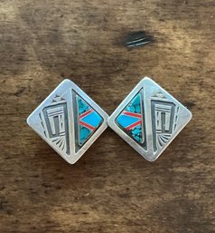 Native American Clip Sterling Silver Inlay Earrings