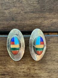 G. Pete Signed Native American Sterling And Inlay Earrings