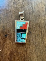 Native American Silver Multi Stone Inlay Pendant Reversible