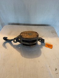 Antique Wood And Metal Piulley