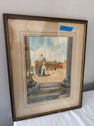 Italian Watercolor  Of Buildings And Water Fountain
