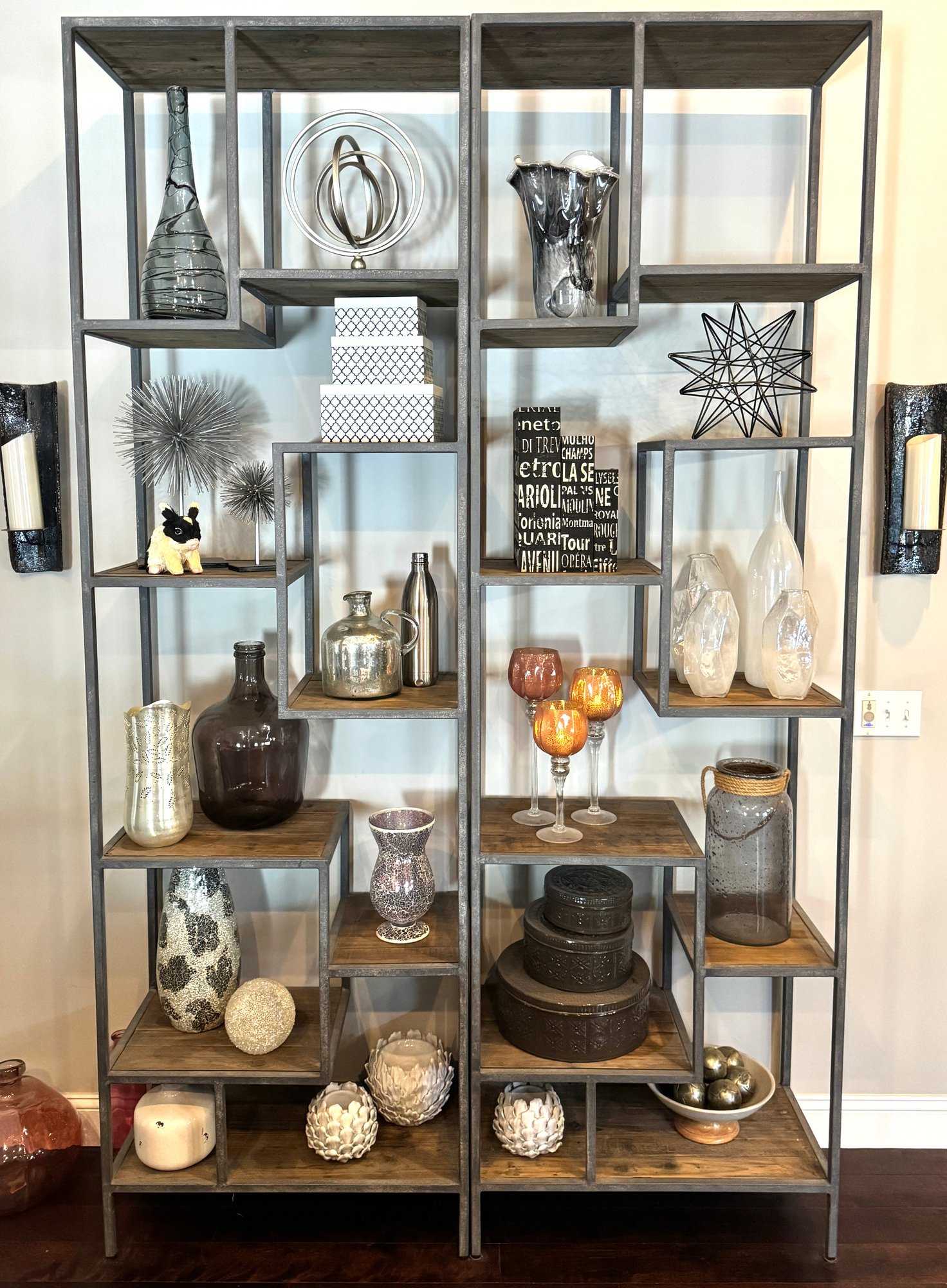 Pair Of Restoration Hardware Industrial Metal And Wood Shelves - See
