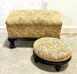 Two Antique Footstools With Floral Tapestry