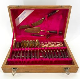 Vintage Wood Handle & Brass Flatware Set In Original Thompson's Jewelry Velvet Lined Box