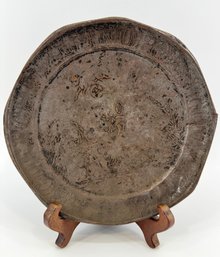 Antique Tin On Copper Hand Engraved Charger