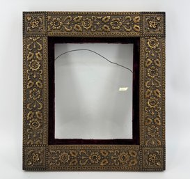 Antique Ornate Gilt-gesso And Dark Wood Frame With A Floral & Leaf Relief Pattern, Crimson Velvet Inner Liner