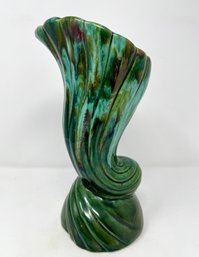 Vintage Green & Blue Drip Glaze Cornucopia Vase By Beauce Of Canada