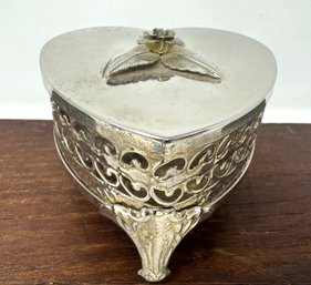 Vintage Heart Shaped Filigree Footed Trinket Box With Rose Detail In Silver Tone