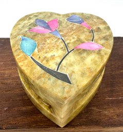 Vintage Hand Carved Heart Shaped Soapstone Trinket Box With Mother Of Pearl Inlay Design (A)