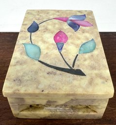 Vintage Hand Carved Soapstone Trinket Box With Floral Mother Of Pearl Inlay (B)