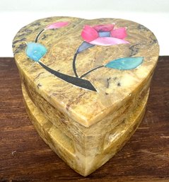 Vintage Hand Carved Heart Shaped Soapstone Trinket Box With Floral Mother Of Pearl Inlay (C)
