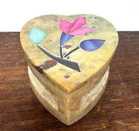 Small Vintage Hand Carved Soapstone Trinket Box With Floral Mother Of Pearl Inlay (D)