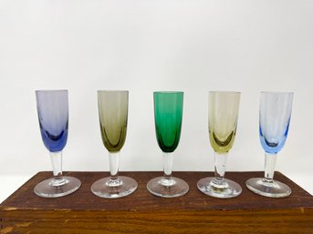 Set Of 5 Mid Century Colored Stemmed Aperitif Glasses