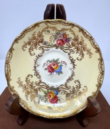 Vintage Hand Painted Bone China Saucer By Aynsley Of England In Floral, Butter Yellow And Gold Motif
