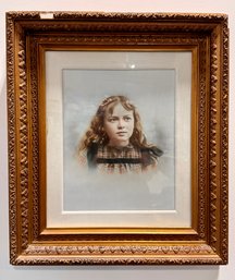 Antique Hand Colored Portrait Of A Young Girl In 'Heidi' Style Outfit In Superb Gesso Frame With Some Loss
