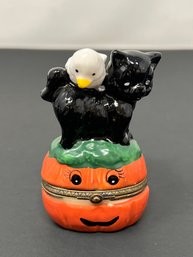 Limoges-style Porcelain Hinged Trinket Box, Black Cat