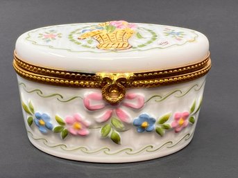 Limoges Hand Painted Floral Decorated Porcelain Hinged Trinket Box, Signed