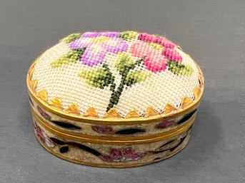 Vintage Oval Cloisonne And Petit Point Floral Embroidered Trinket Box