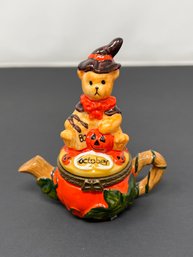 Ceramic Halloween Teddy Bear Witch Teapot Hinged Trinket Box