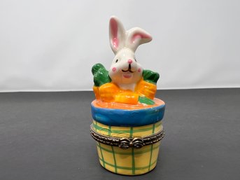 Hand-painted Porcelain Easter Bunny With Carrots In A Bucket Hinged Trinket Box