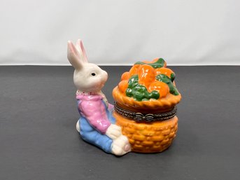 Porcelain Easter Bunny And Carrot Woven Basket Hinged Trinket Box